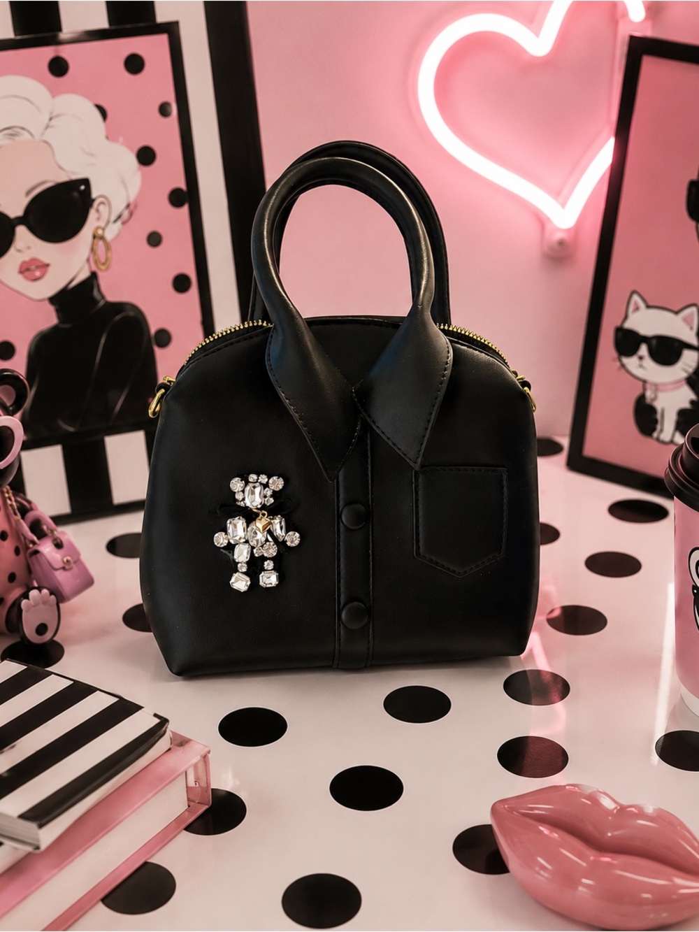 Black Crystal Embellished Women's Top-Handle Bag
